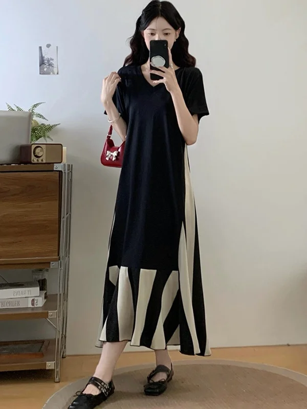 Yokoc grande taille femmes rayé Patchwork T-shirt Dr coréen Sle été minceur longue Dr trajet a-ligne jupe