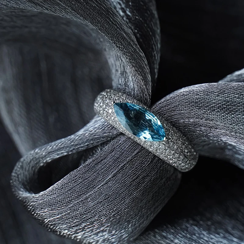 Aazuo Luxury Design 18K White Gold  Natrual Aquamarine Real Diamonds Devil's Eye Rings For Girls & Women Senior Banquet Party view 4