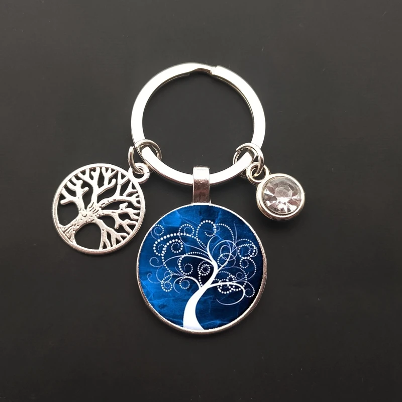 New round tree of life key chain crystal stone pendant key chain key ring car bag glass cabochon wholesale jewelry image 6