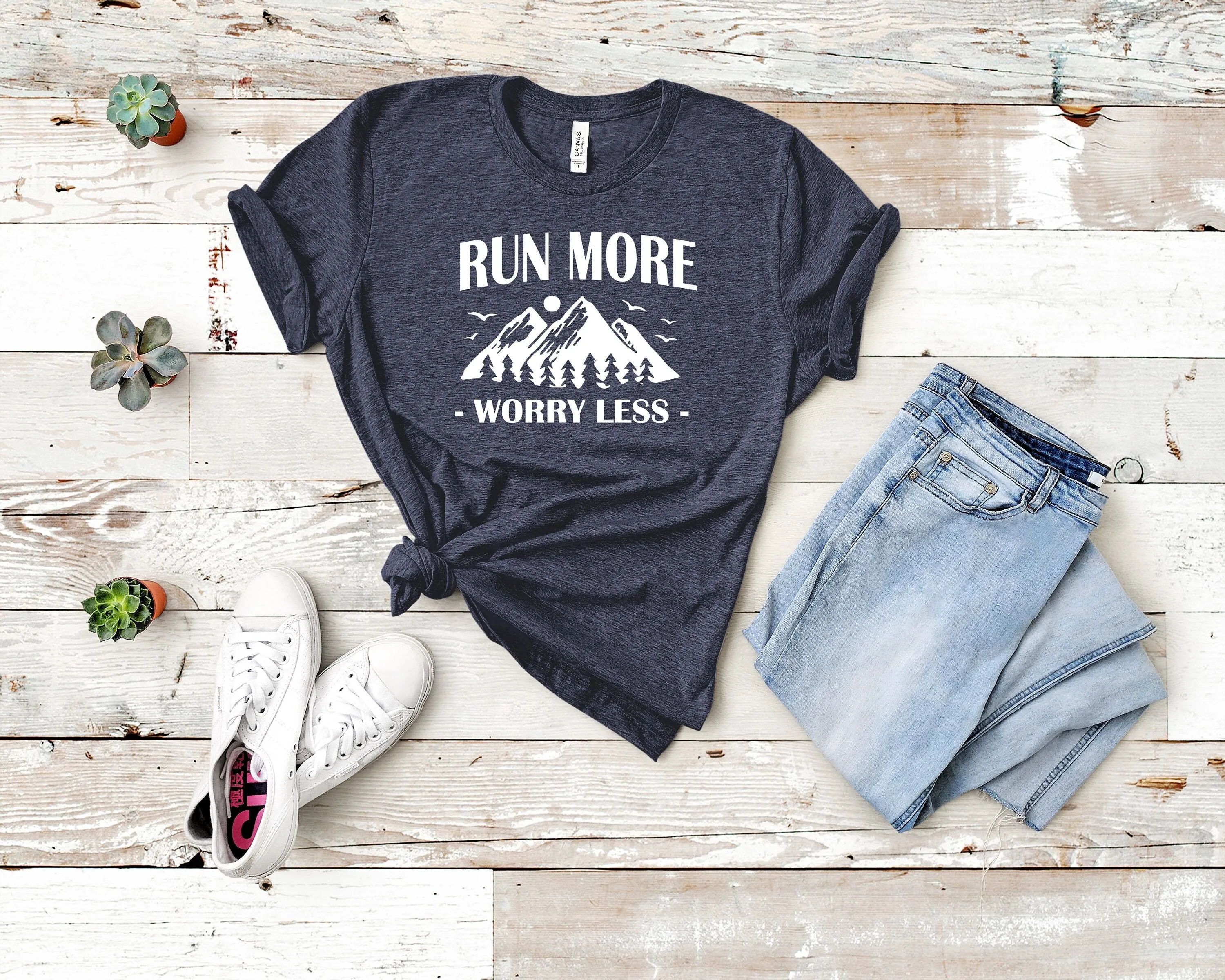 Run More Worry Less T Shirt Running Hike Walk Travel Wanderlust Mountain Sports