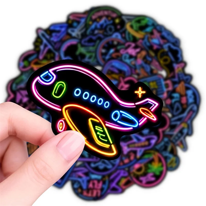 50PCS Cartoon Neon Light Airplane PVC Sticky Sticker Aesthetic DIY Decoration Scrapbooking Phone Hand Accounting Supplies