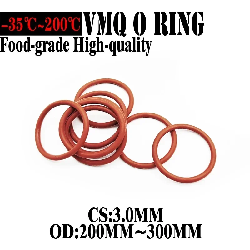 5pcs Red VMQ Silicone O Ring CS 3mm OD 200mm ~ 300mm FoodGrade Waterproof Washer Rubber Insulated Round Shape Seal Gasket