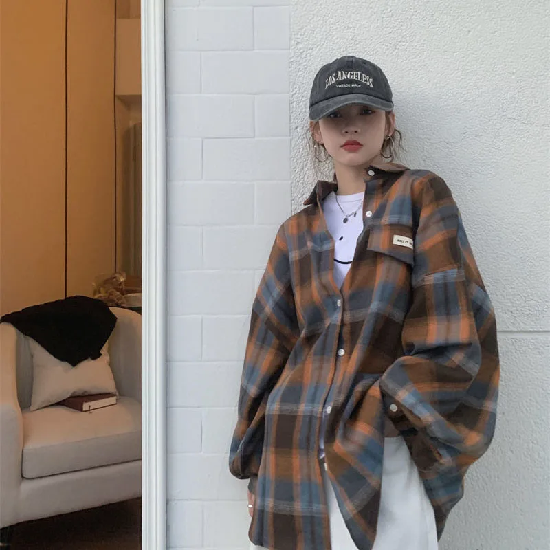 Zoki Vintage Harajuku Women Plaid Shirts Oversize Korean Students Lazy Wind Blouse Female Casual Long Sleeve Y2K Tops