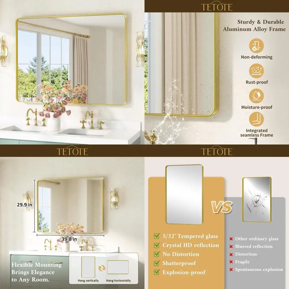 مرآة زينة من الزجاج المقسى مقاس 40 × 30 بوصة مع إطار ذهبي مصقول، قابلة للتثبيت على الحائط لغرف مختلفة #1