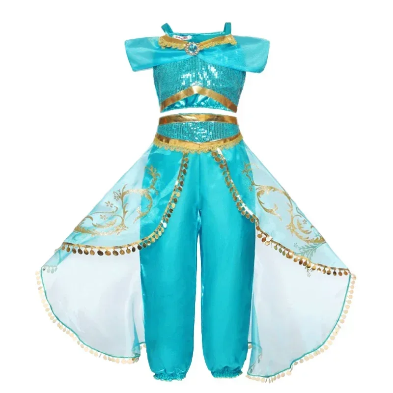 Girls Cosplay Jasmine Costume Aladdin Princess Dress Kids Magic Lamp Fancy Birthday Party Dress Jasmine Halloween Dress Up 3-10Y