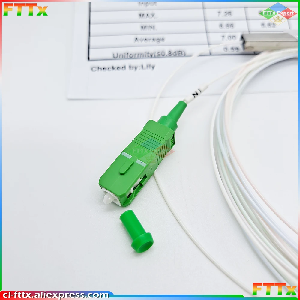 Hoge Kwaliteit Fiber Optische Plc Splitter Sc Apc 1 : 2 Mini Stalen Buis Type 1X2 0.9Mm Fiber Opitc Splitter Sc/Apc Connector