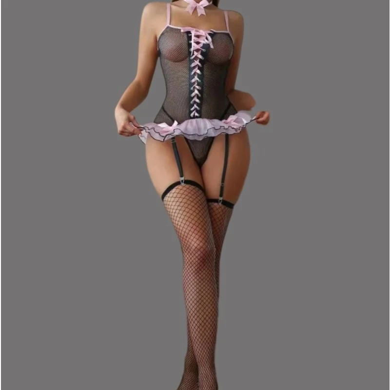 

Women's Sexy Lace-up Fishnet Lingerie Sets 4 Piece Underwear Erotic Costumes Ruffles Bowknot Bodydolls Choker Thongs Stockings