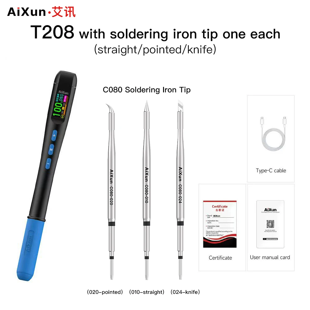 AiXun T208 محطة لحام صغيرة ذكية 80 وات نوم تلقائي 6 محاور جيروسكوب LCD محمول C080 طرف لأدوات إصلاح PCB