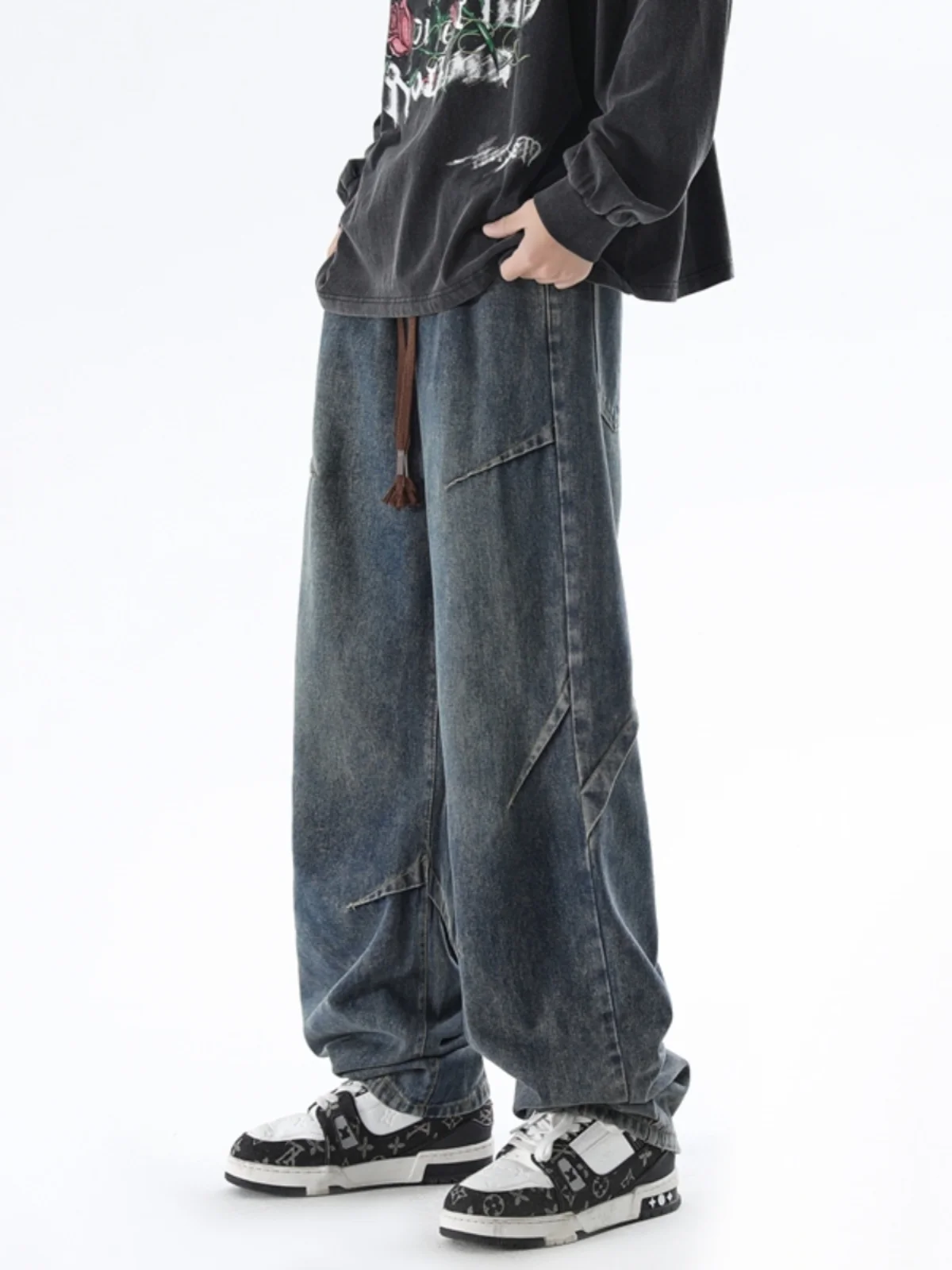 

American Style Wide Leg Jeans Men's Casual Loose Long Pants Straight Cut Trousers Deconstructed Design Spring Autumn Wear
