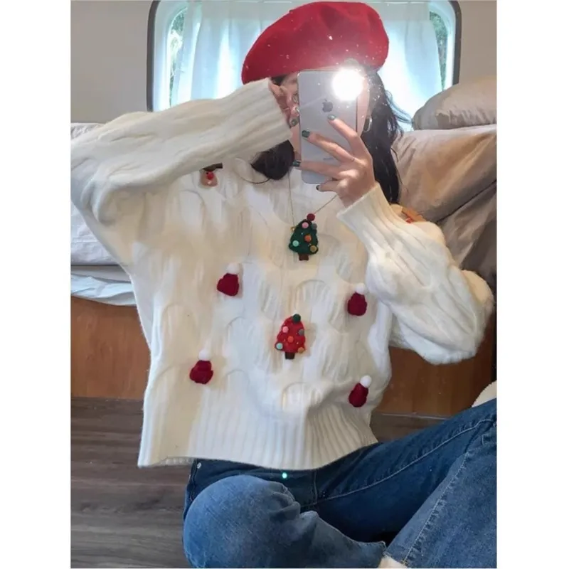All-match Loose Simple Style Sweater Winter Clothes Woman Pull Femmes Comfortable Casual Commuting Vintage Christmas Solid Color