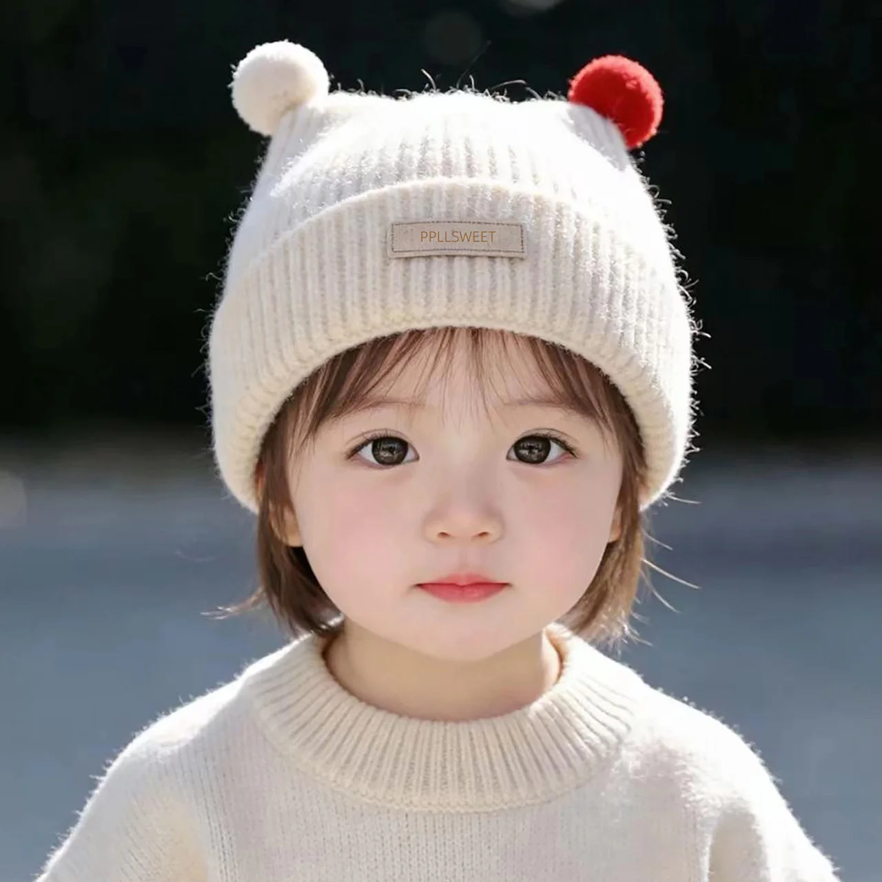 1-4Year Baby Knitted Hat Cute Double Plush Ball Pullover Cap Anti-Cold Warm Kids Ear Protection Wool Hats Winter Children Beanie view 6