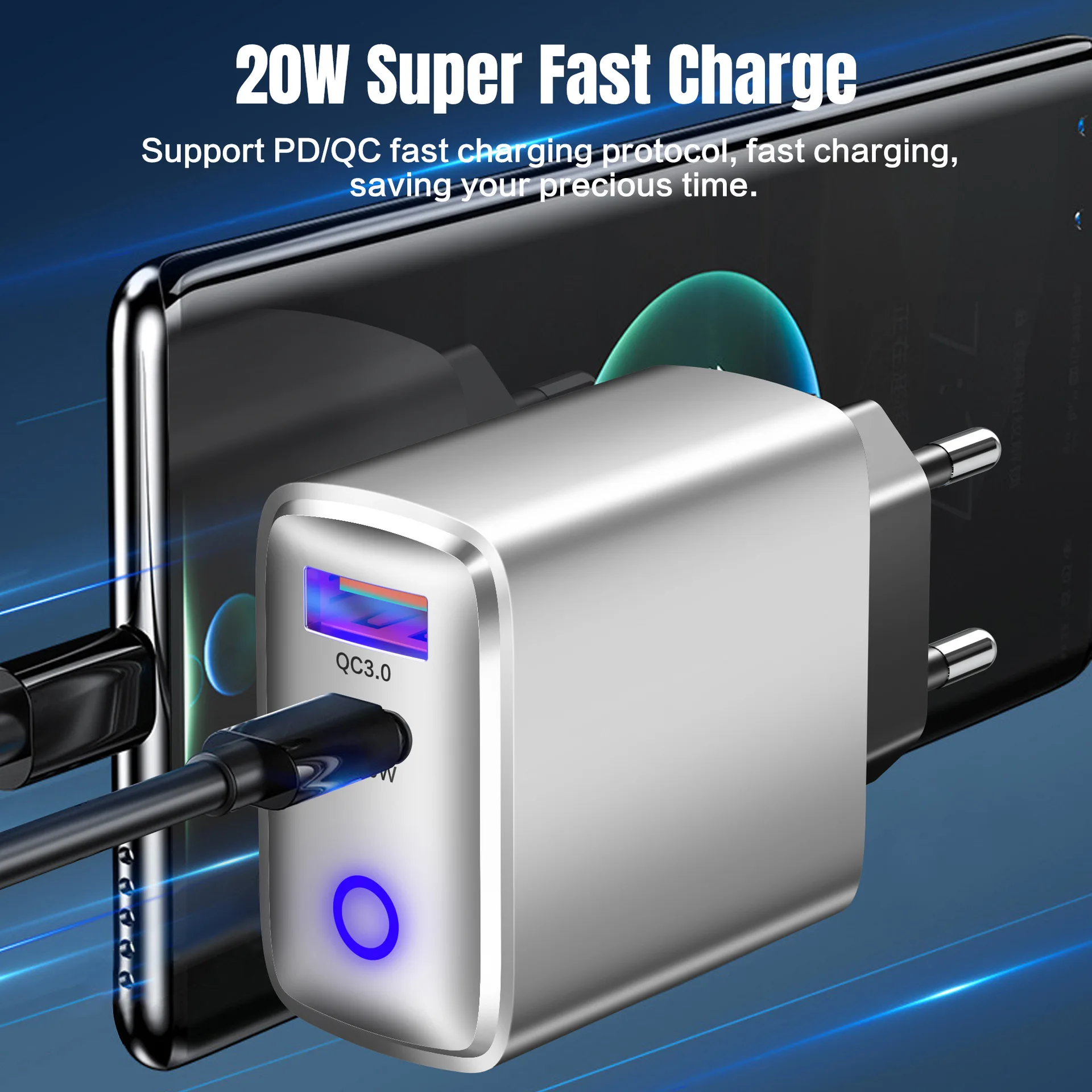 20w USB Type C Fast Charge Phone Charger Adapter Quick Charge USB PD EU US Plug For Iphone16 15 Huawei Samsung Xiaomi Oppo