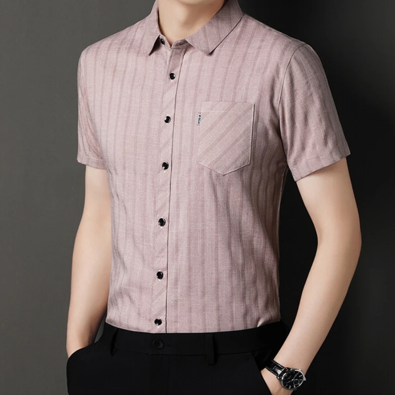 

New Summer High-end Vertical Striped Cotton and Linen Shirt for Men's Fashion Trend Casual Short Sleeved Shirt
