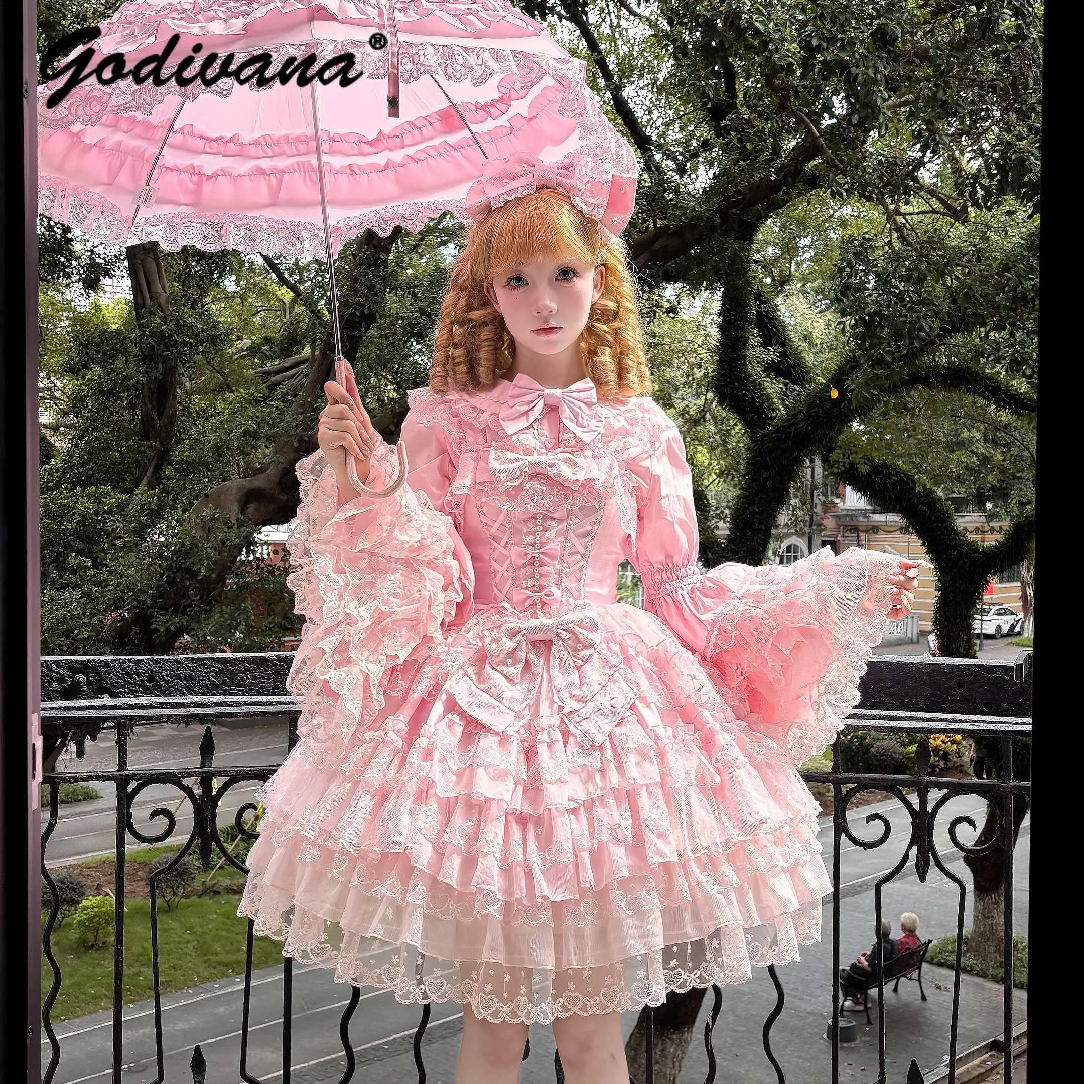 Original Design Lolita JSK Hosenträgerkleid Süßes Mädchen Damen Langarm Innenhemd Süßes Prinzessin Sling Kuchenkleid mit Umhang