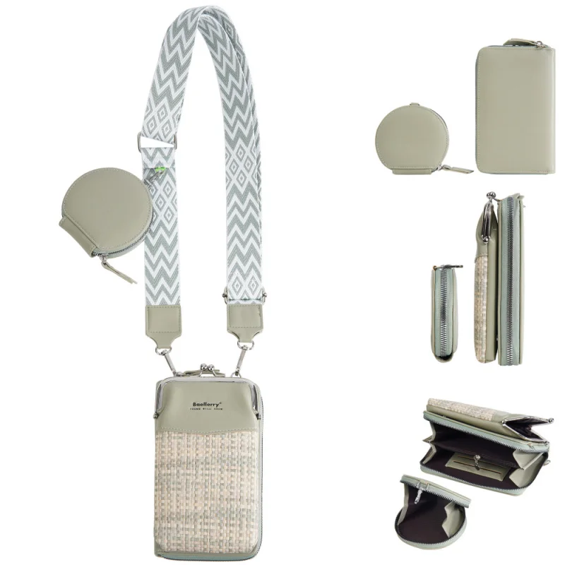 2pcs New Women'S Mobile Phone Bag, Woven Color-Blocking Single-Shoulder Crossbody Bag, Fashionable Mother And Child Bag Wallet