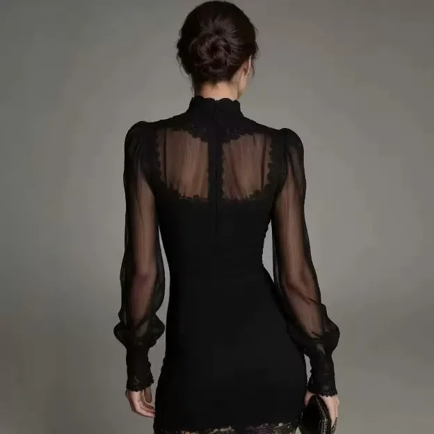 Women Lace Trim Slim Mini Dress Sheer Mesh Puff Long Sleeve Tie Neck Deep V Cutout Short Dress Elegant Night Club Party Sundress