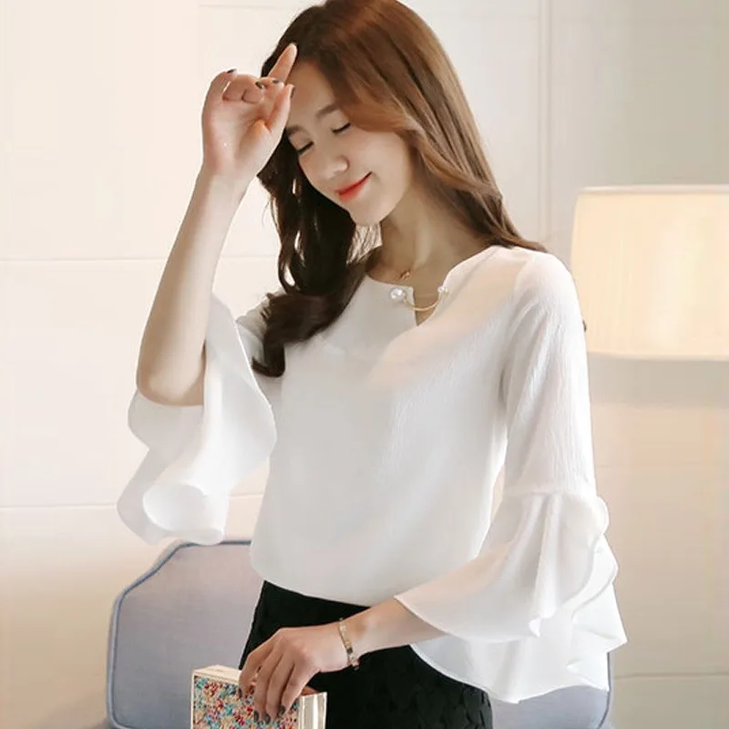 Women Chiffon Ruffles Blouse Flare Sleeve Shirt Women Round Neck Casual Womens Summer Tops And Blouses