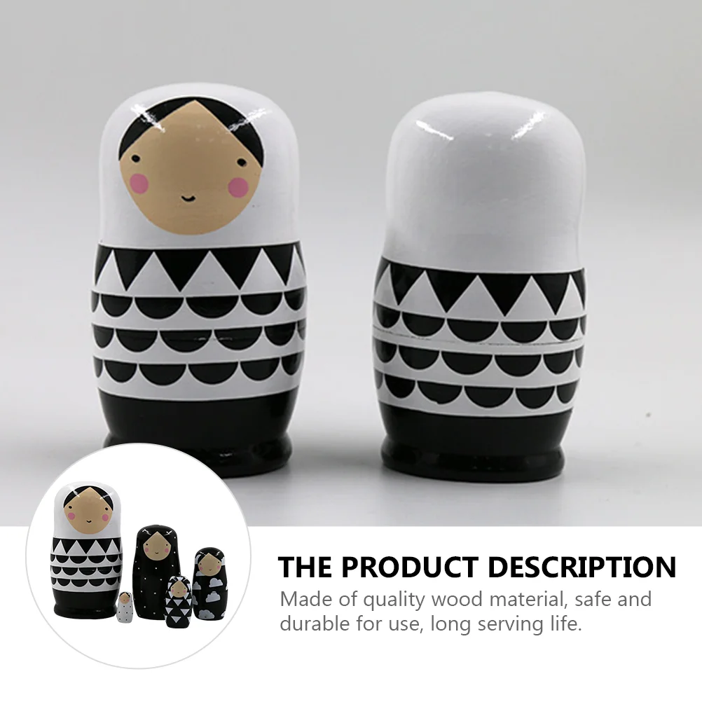 5 Pcs Baby Black and White Matryoshka Child Toy Wooden Puppet Russian Ornament