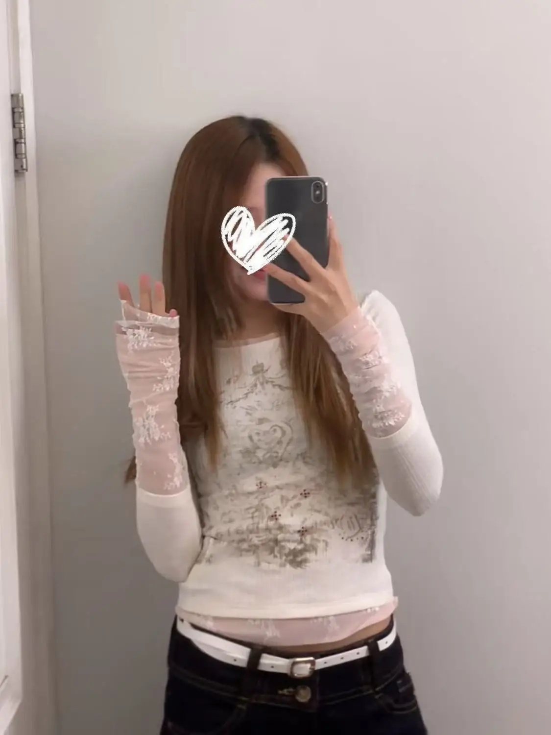 Heavy Industry Lace Splicing Long Sleeve T-shirt Women Spring New Collection Niche Printed Top Ins Style