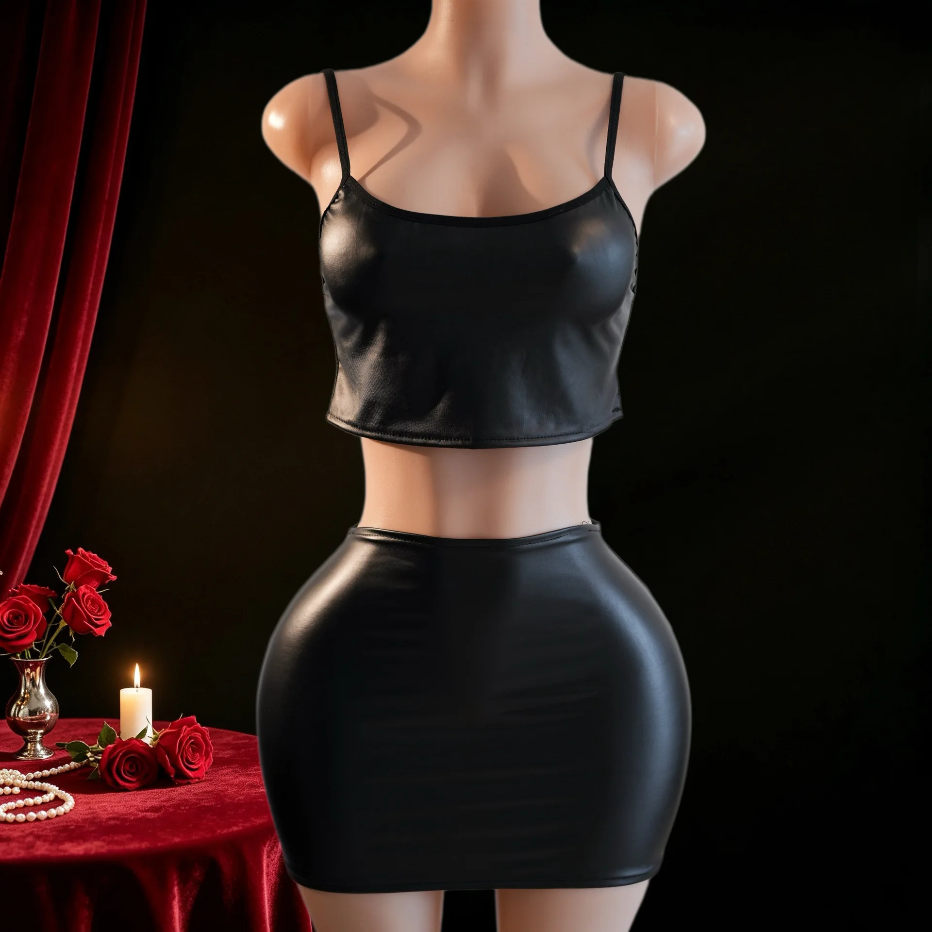 Women Black Faux Leather 2 Piece Outfit, Square Neck Cami Top & High Waist Bodycon Mini Skirt Set, Sexy for Party Dating Beach