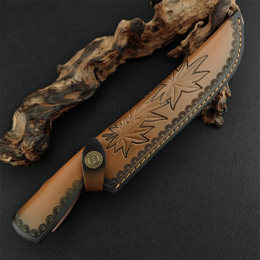 12 -inch brown straight knife leather sheath, maple leaf printing, retro golden buckle, leatherman sheath, EDC belt knife sheath