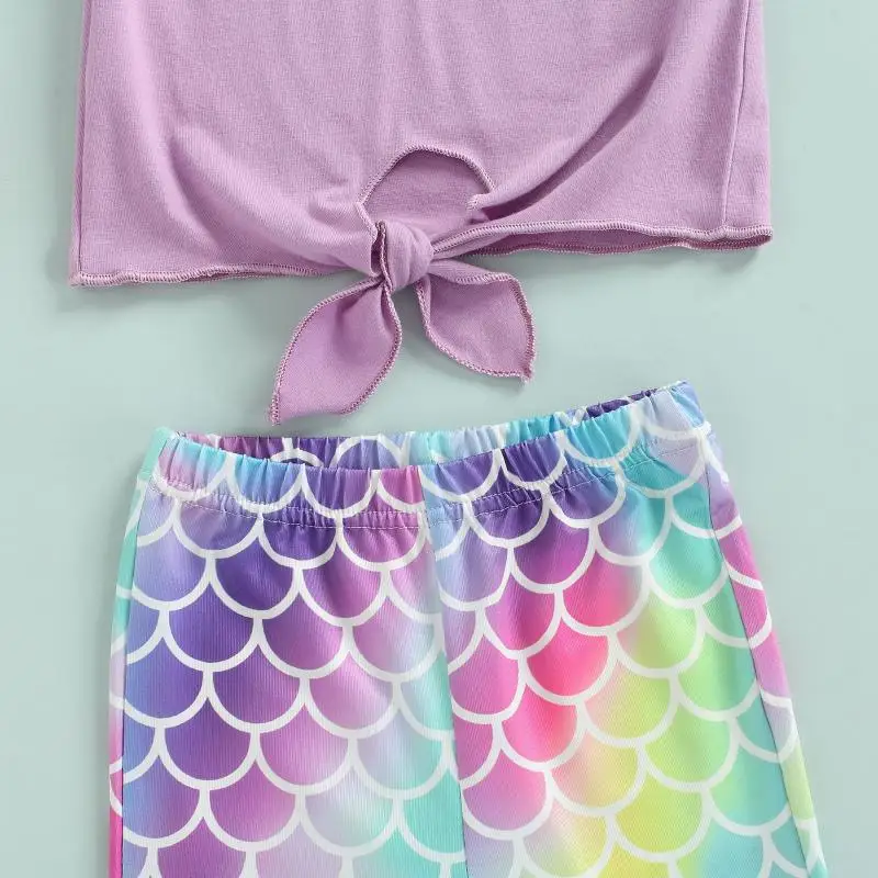 Summer Girls' New Shell Print Flying Sleeve Lace Up Top Fish Scale Trumpet Pants Halloween Mermaid Cosplay Two-Piece Set image 4