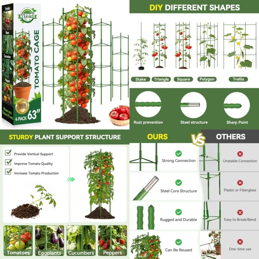 

Tomato Cages, Adiustable Plant Cages Assembled Tomato Garden Cages Stakes Vegetable Support Trellis with 10 Feet Twist Tie, Sna