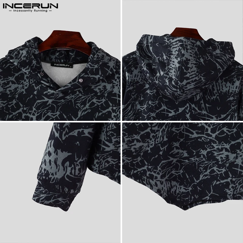 Fashion Casual Style Tops INCERUN Men Inverted Triangle Waist Hooded Sweatshirt Personality Mottled Printed Long Sleeved Hoodies