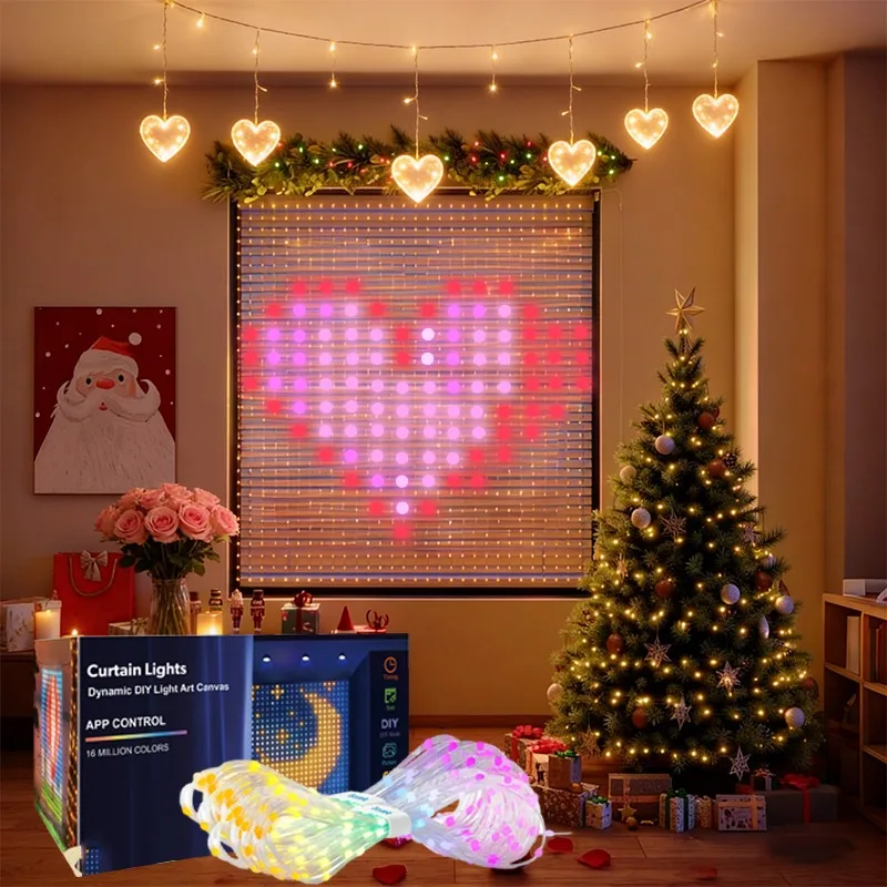 スマートledカーテンライト-ledフェアリーライト-アプリ制御-音楽同期-diyパターン-ip65防水-バレンタインデーパーティーデコレーション用