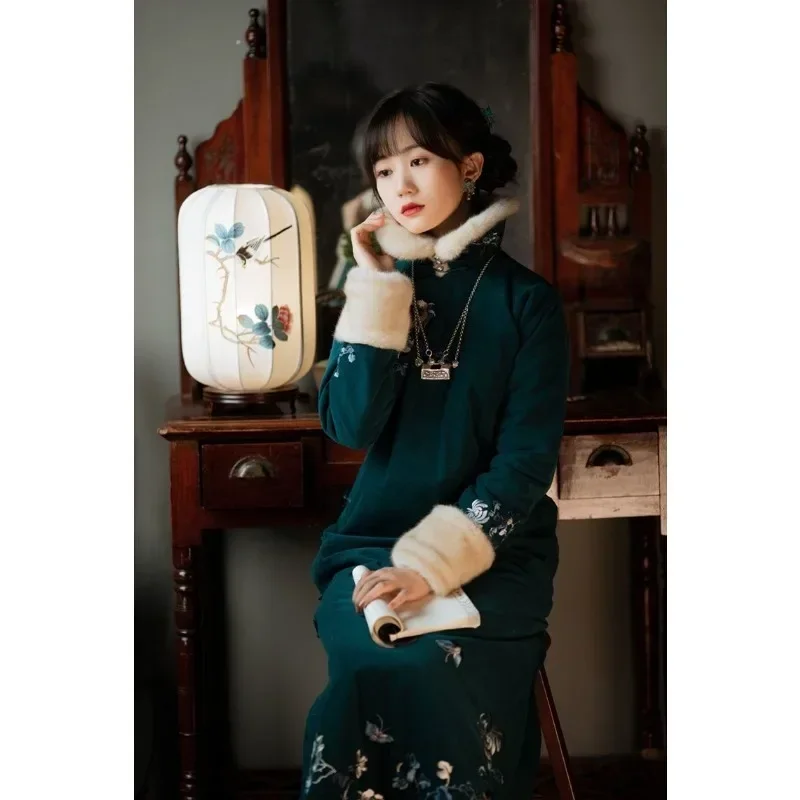 

Элегантное зеленое платье Cheongsam с меховым воротником и цветочным принтом, толстое платье Cheongsam с длинными рукавами, женские зимние винтажные теплые платья, платье Qipao