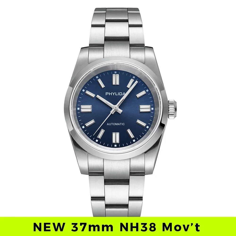 PHYLIDA 37mm Automatyczny Zegarek Męski NH38A Niebieska Tarcza Perpetual Bez Daty Szkło Szafirowe BGW9 Luminescencja