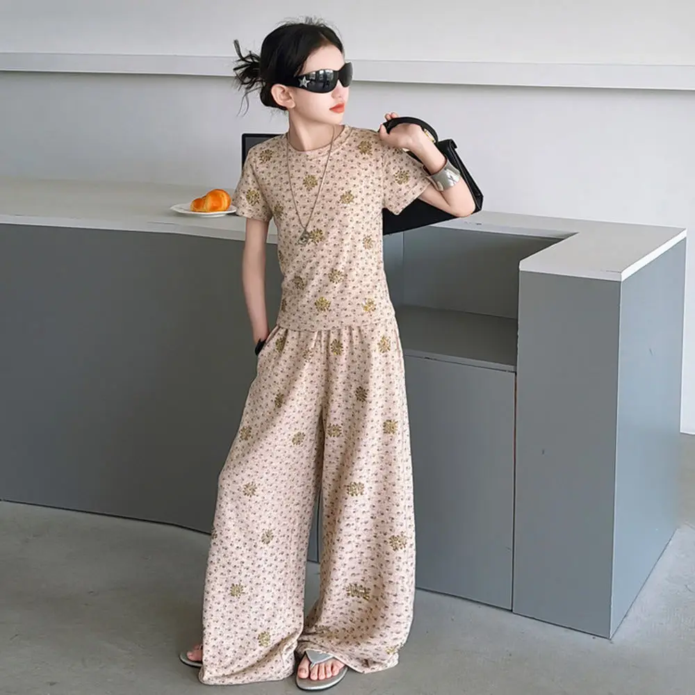 Clothing Sets Teens Girls Fashion Hot-Fix Rhinestone Short Sleeve Top + Wide Leg Pants 2Pcs Suits Korean Children's Outfits