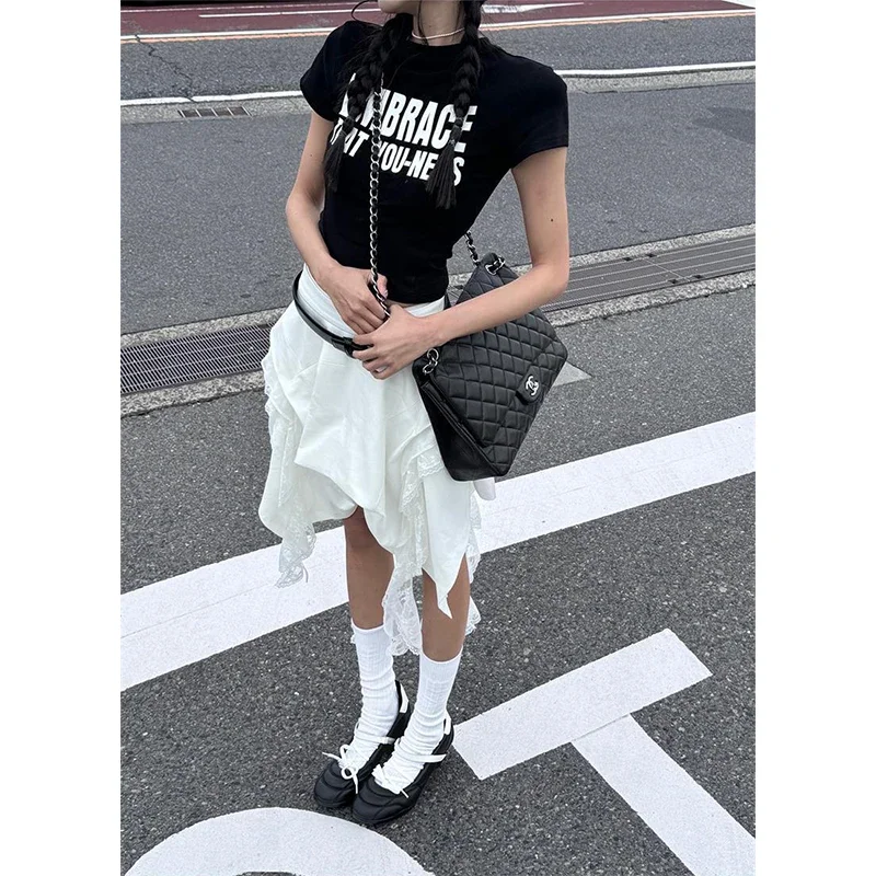 Y2K Asymmetrical Mini Skirt Women Harajuku Lace Patchwork White Skirts Summer Gothic Aesthetic Ruffles Design A Line Skirt New