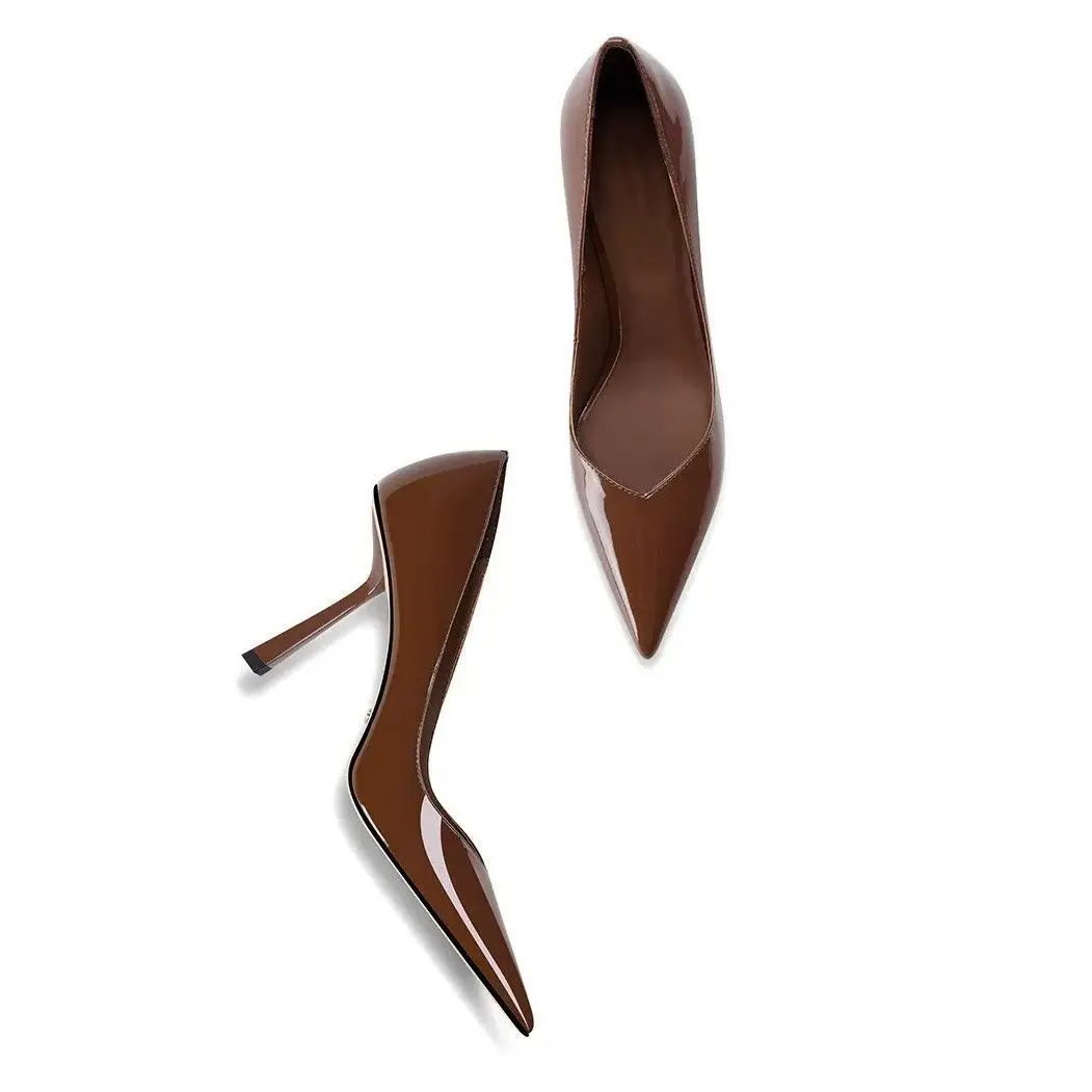 Temperament Mode Spitzen High Heels Sexy Neue Patent Leder Flacher Mund Schwarz Einzelnen Schuhe Mode High Heels frauen Schuhe – Detail 3