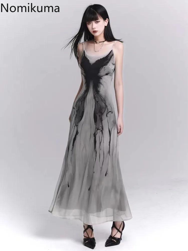 Temperamento Sling Robe Mujer Vestidos De verano para Mujer 2025 Vestidos De Mujer elegante estampado De mariposa cintura alta A-line Maxi vestido