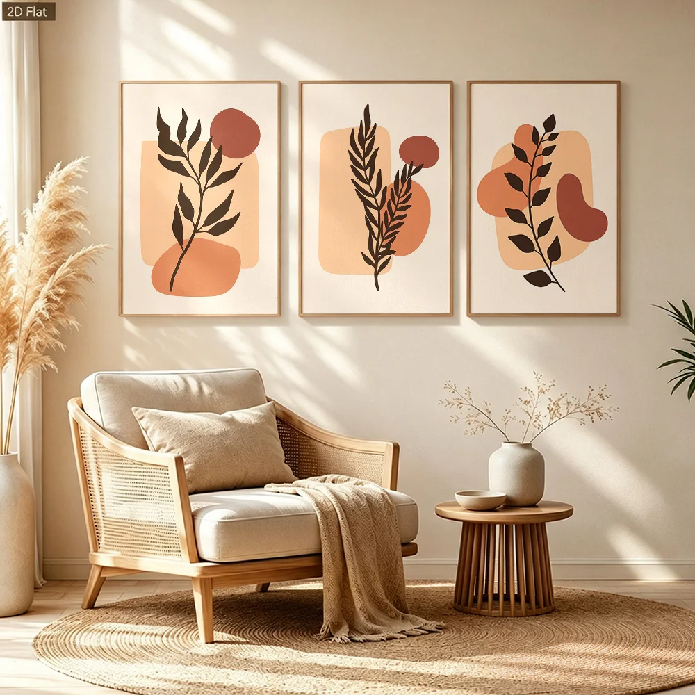 2D Flat, 2D/Flat 3pcs Minimalist Leaf Branch Abstract Wall Art, Morandi Color Scheme Canvas Print, Modern Wall Decor for Livi