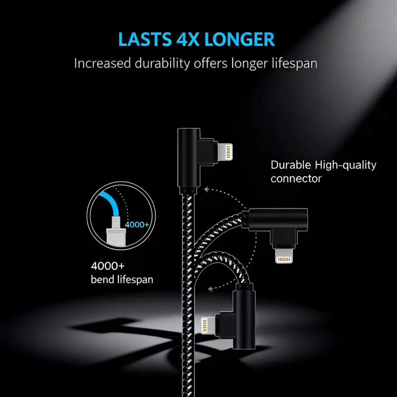 ANSEIP MFi Certified USB A to Lightning Cable for iPhone 13 14 Pro 11 12 mini XS Max XR X 7 8 Plus 90 Degree USB Charger Cable