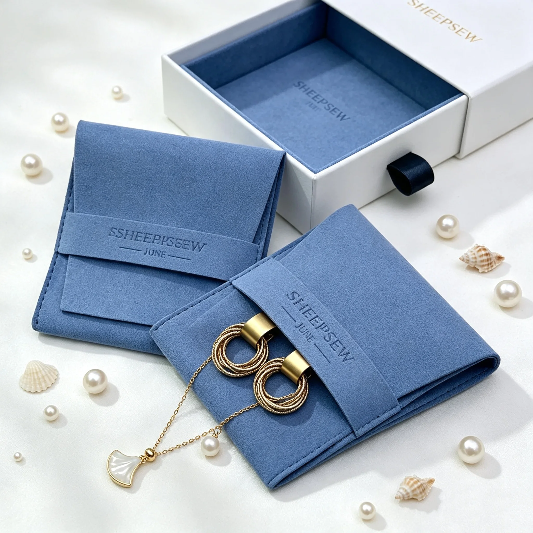 SheepSew Blue Faux Suede Jewellery Packaging Kit With Pouch and Box, Custom Logo Holder Bag For Bracelet Ring Small Pearl Jewelr