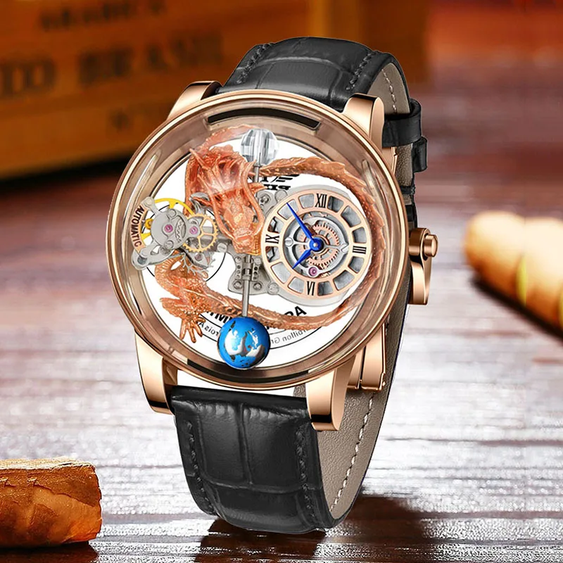 PINDU Design 2024 Year Dragon Tianlong Series Watches Men Quartz Watch Transparent Case Leather Man Wristwatches Relogio Jacob