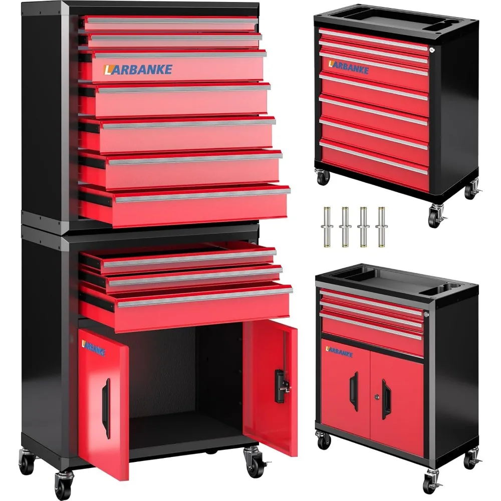 10-Drawer Rolling Tool Chest with 360° Wheels, Brakes, Locks, Anti-scratch Liners, Waterproof, 2-in-1 Design