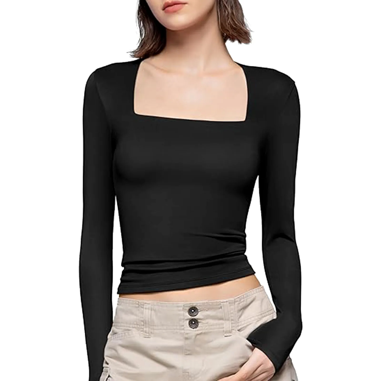 

Women's Autumn And Winter Casual Simple Solid Color Square Neck Shirt Long Sleeve Bottoming Underwear Tight Fitting Fashion Top