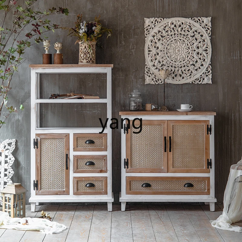 Yjq Household Entrance Cabinet Solid Wood Rattan-like Retro Pastoral Style Living Room Home Small Apartment Storage Cabinet