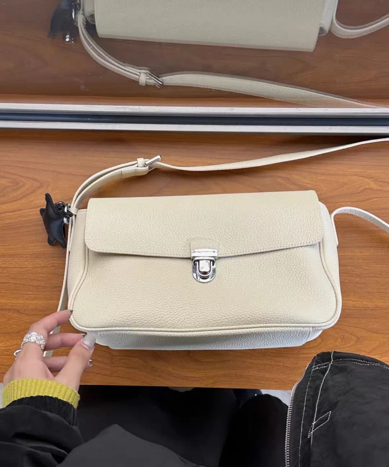 FIRMRANCH Retro Buckle Flap Cowhide Crossbody Bag Unisex Commuter Briefcase Classic Black White Versatile Fashion Women's Purse