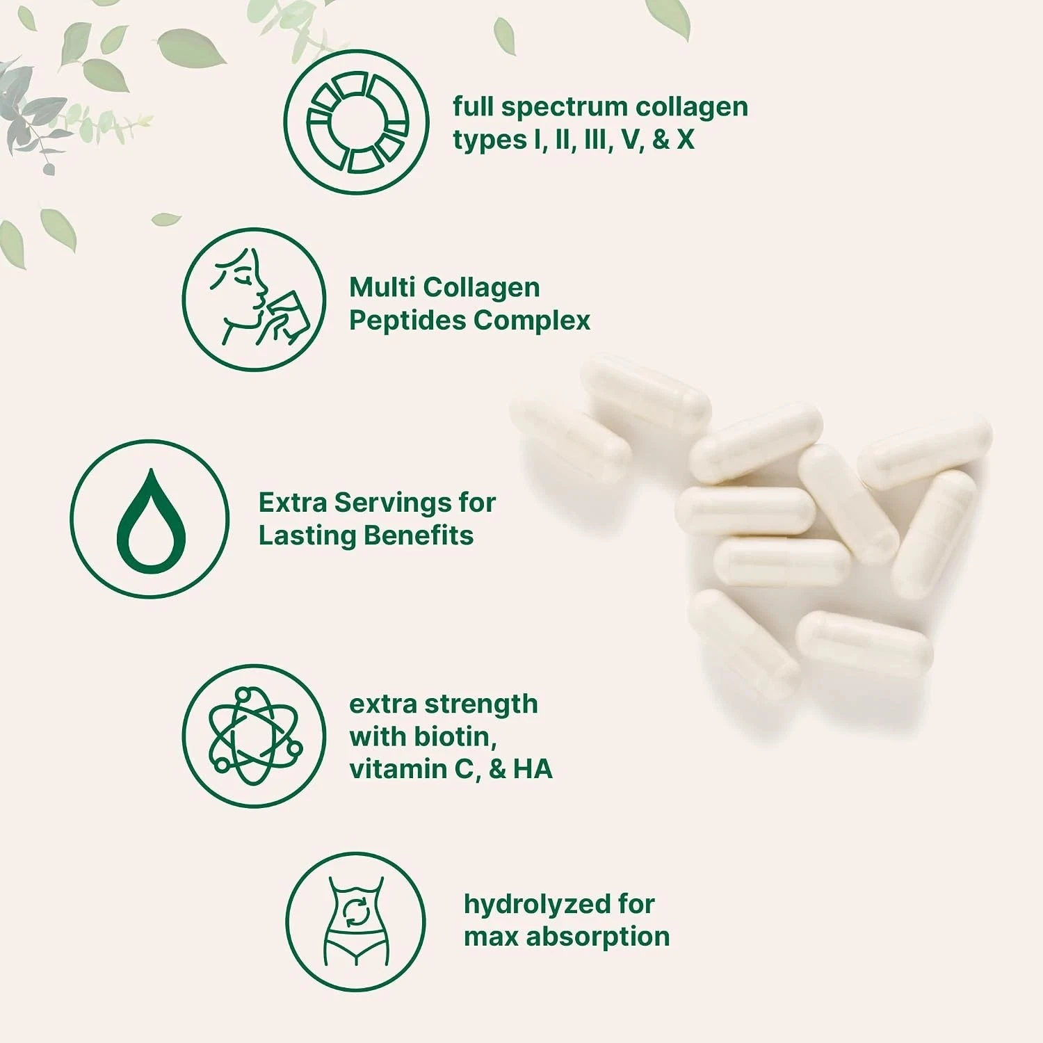 Multi Collagen Capsules 240ct Type I II III V X with Biotin Hyaluronic Acid Vitamin C Hydrolyzed Protein Supplement