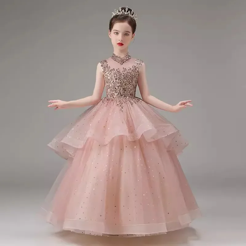 Little Girls Princess Party Ball Gown Kids Puffy Tutu Sequin Evening Cocktail Dress bambini School Graduation Long Prom Dresses