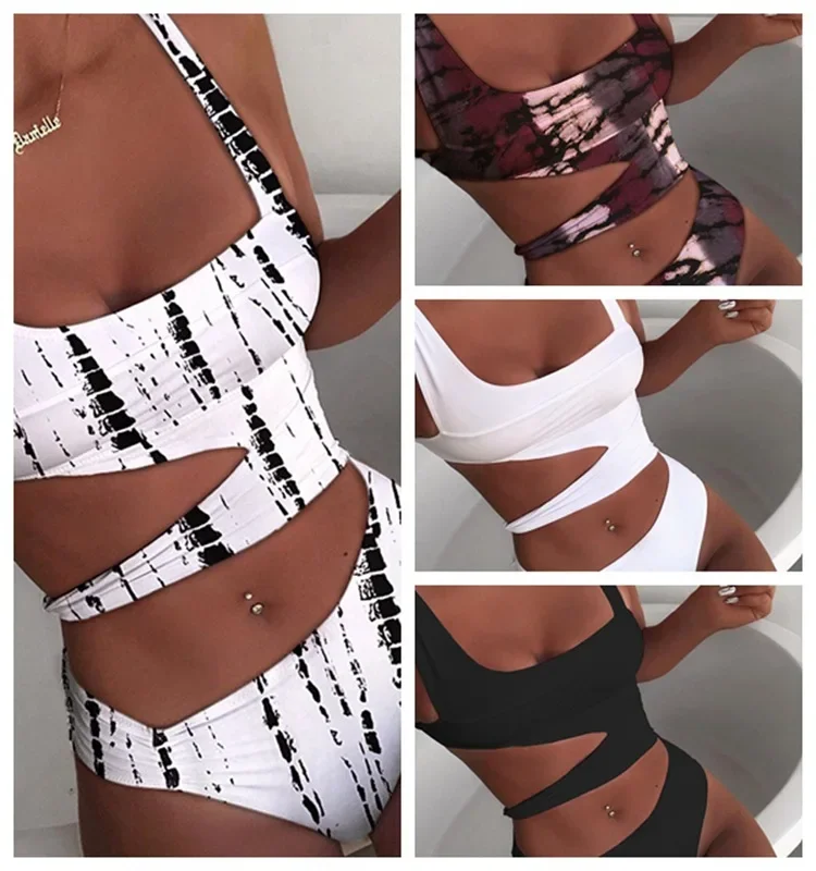 

Irregular Printed One-piece Swimsuit Fashion High Waist Triangle Asymmetrical Bikinis Sets Solid Slim Stitching Women's Swimsuit