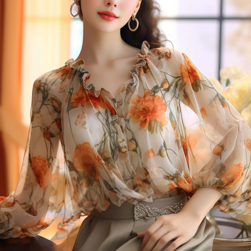 

High Quality Woman Top With Puffy Sleeves Shirts & Blouses for Women Chiffon Cute and Elegant Novelty 2024 Basic Youthful Luxury
