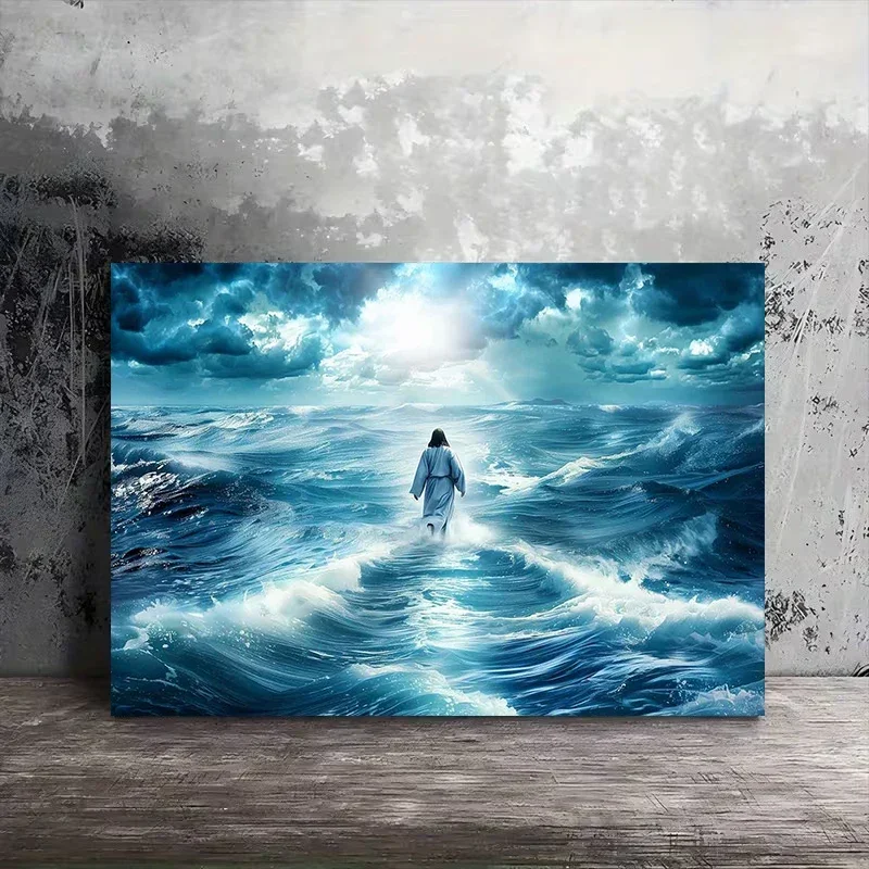 Multiple sizes 1pc frameless Canvas Painting,Jesus Walks on The Raging Waves Poster and Prints Canvas Painting Wall Art Pictures