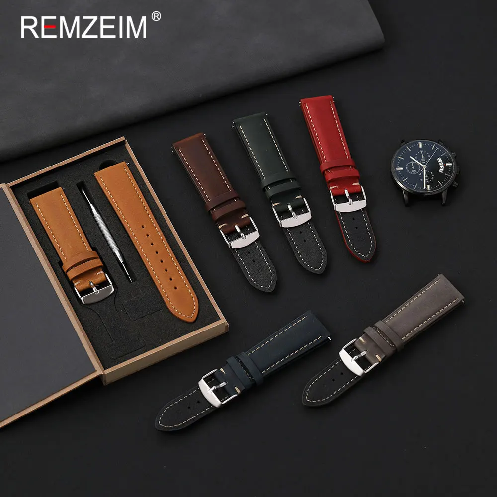 Men Crazy Horse Leather Wristband 18 20 22mm Quick Release Fashion Replacement Strap with Gift Packing Box Watch Accessories