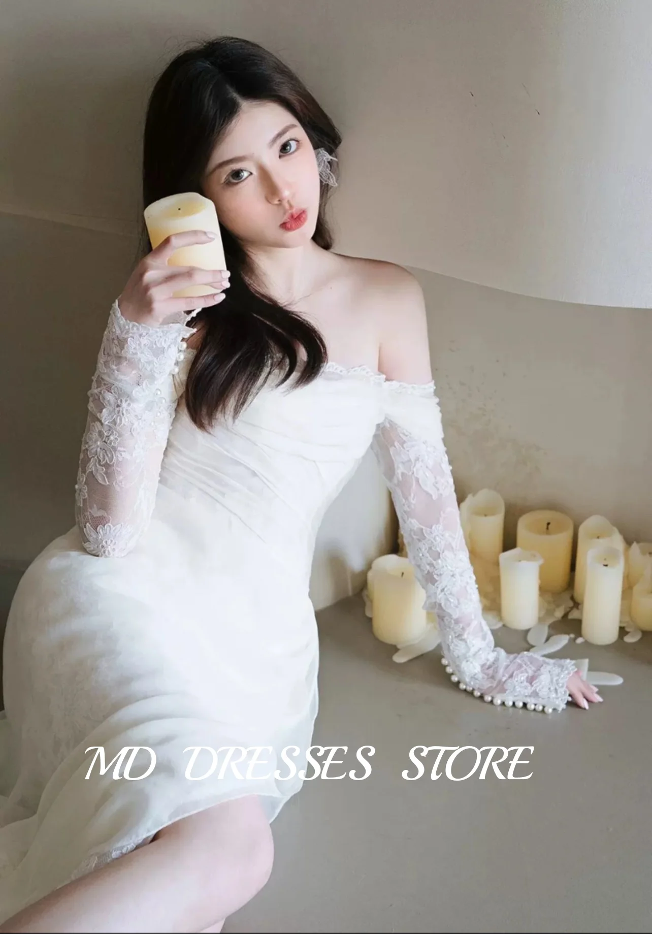 MD 2025 Modern White Lace Wedding Dresses  Off Shoulder Full Sleeve Korea Photoshoot Side High Slit Bridal Gowns Customized